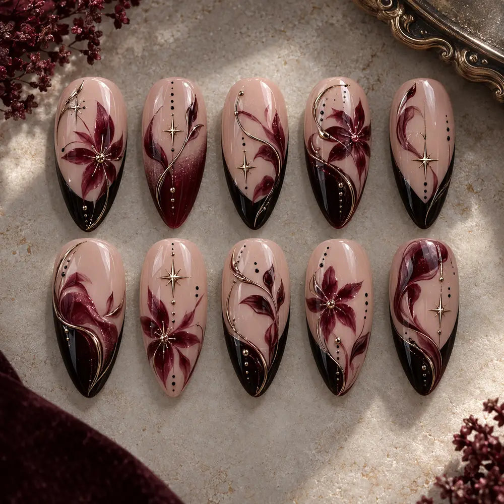 Burgundy Botanical Star 3D French Press On Nails — image 2