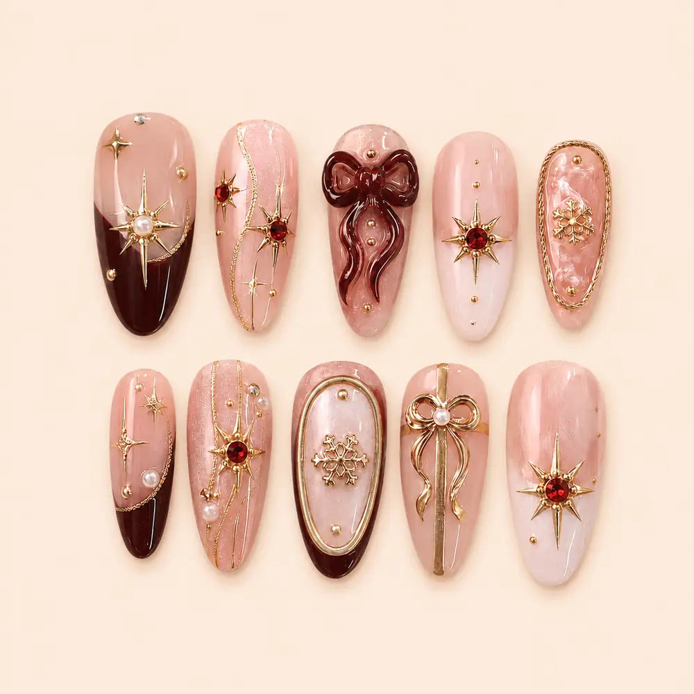 Burgundy Bow Snowflake 3D Rhinestone Press On Nails — image 1
