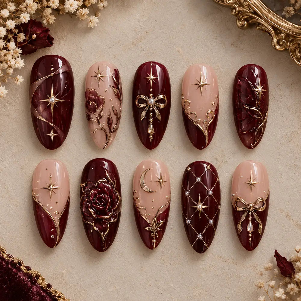 Burgundy Celestial Rose 3D Press On Nails — image 2