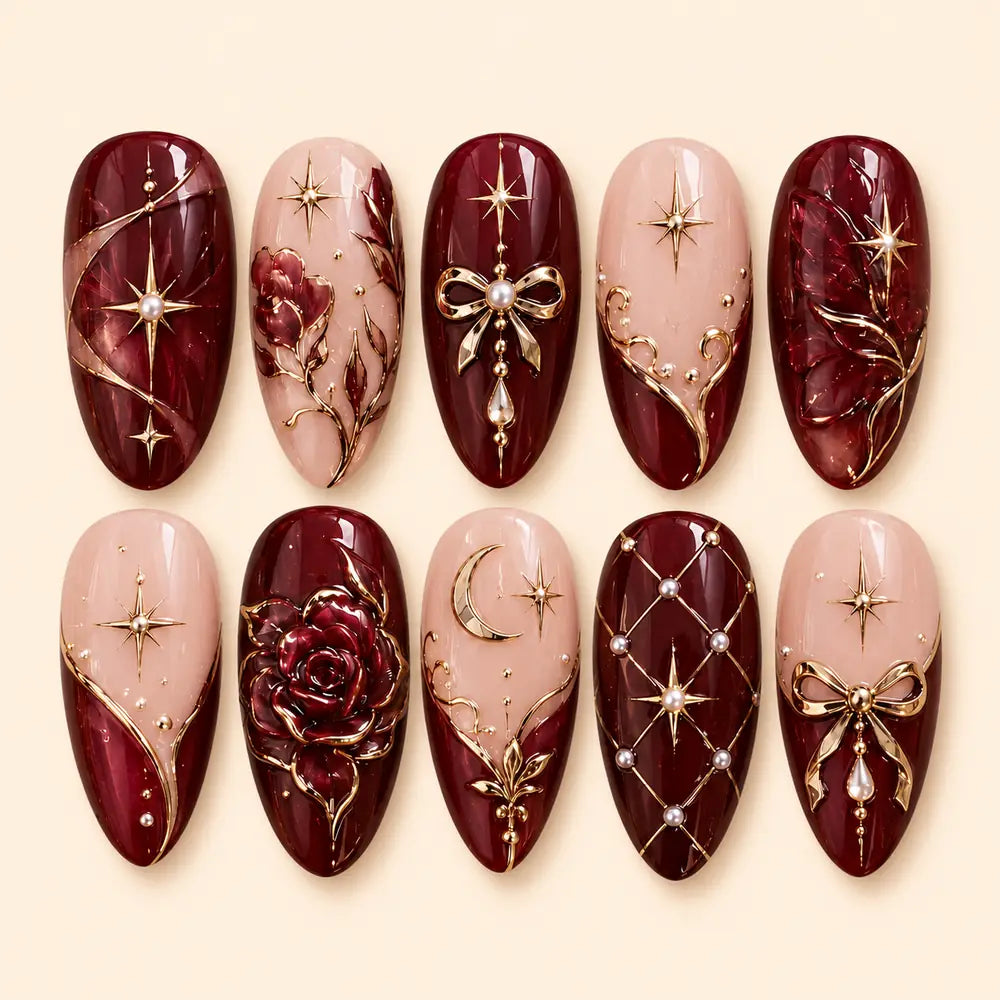 Burgundy Celestial Rose 3D Press On Nails — image 1
