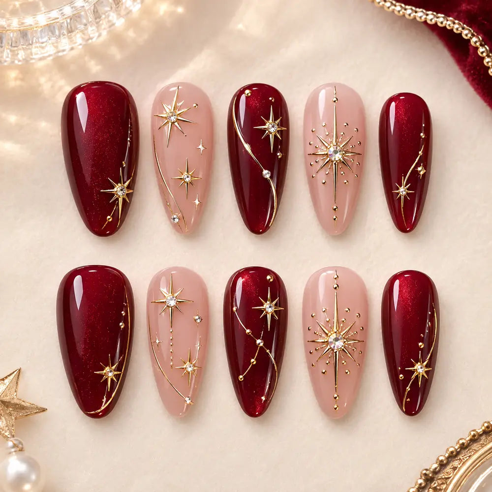 Burgundy Celestial Starburst Rhinestone Press On Nails — image 2