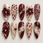 Burgundy Floral Bow & Pearl 3D Press On Nails — image 2