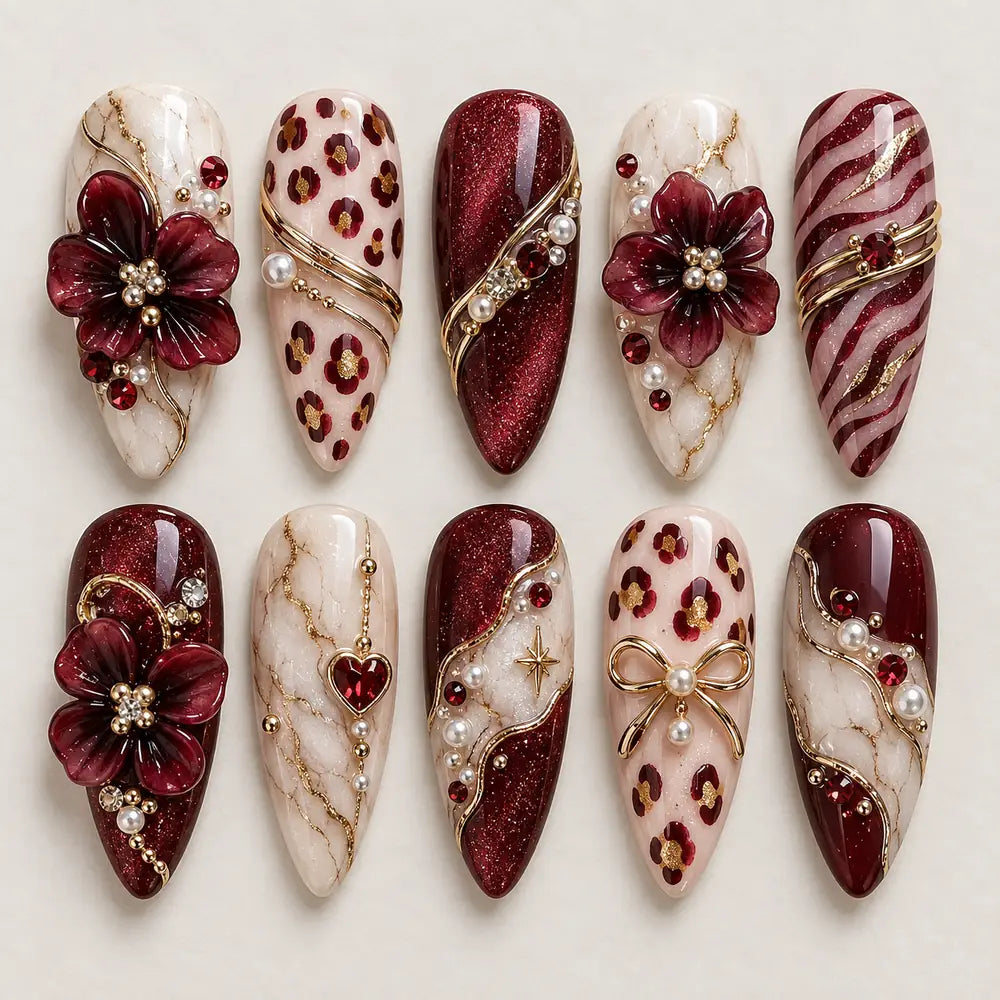 Burgundy Floral Bow & Pearl 3D Press On Nails — image 2