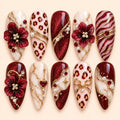 Burgundy Floral Bow & Pearl 3D Press On Nails — image 1