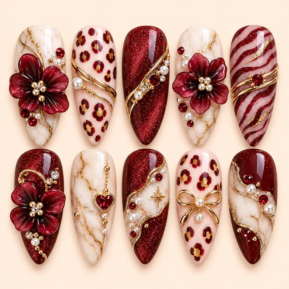 Burgundy Floral Bow & Pearl 3D Press On Nails — image 1