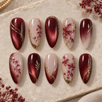 Burgundy Floral Cat Eye Press On Nails — image 2