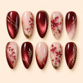 Burgundy Floral Cat Eye Press On Nails — image 1