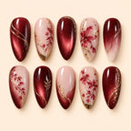 Burgundy Floral Cat Eye Press On Nails — image 1
