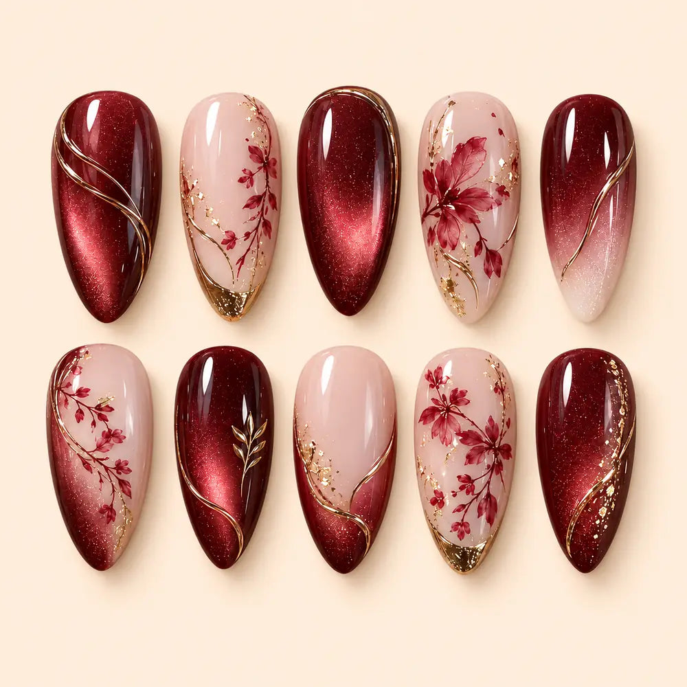 Burgundy Floral Cat Eye Press On Nails — image 1