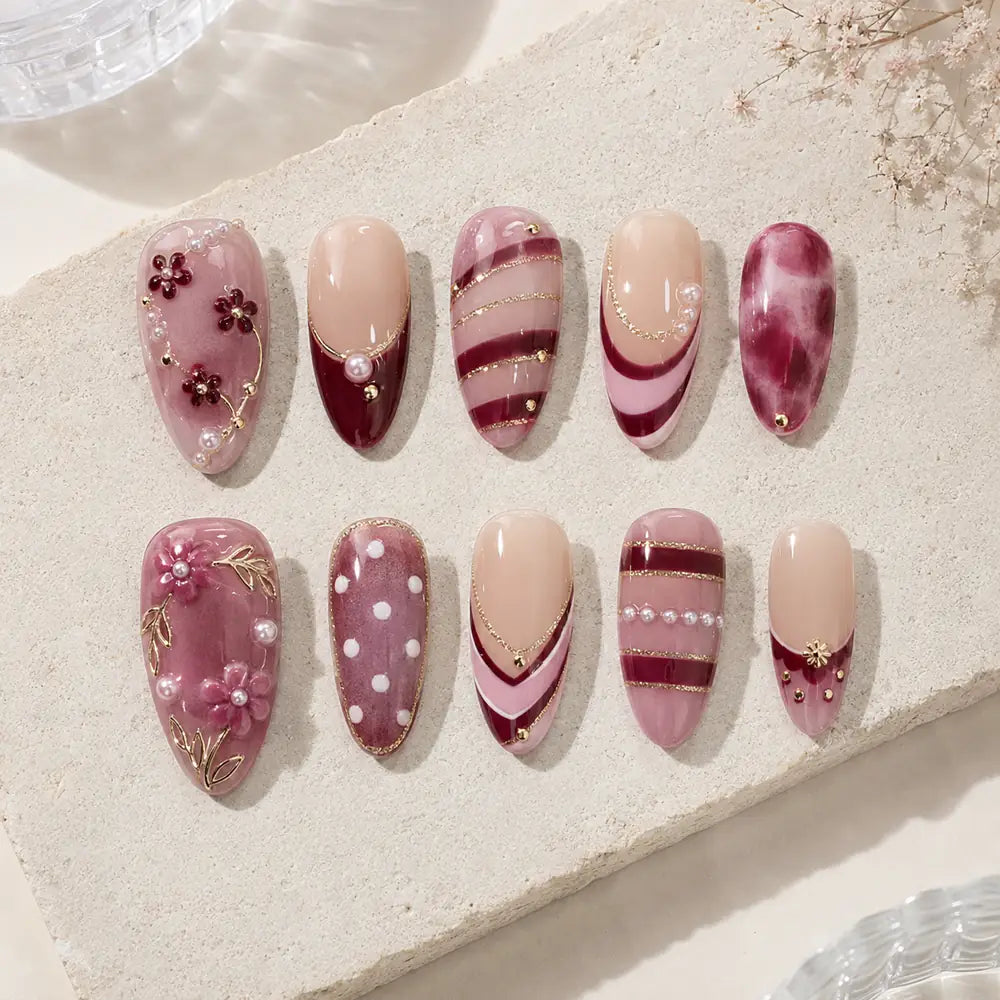Burgundy Floral Garden French Tip Press On Nails — image 2