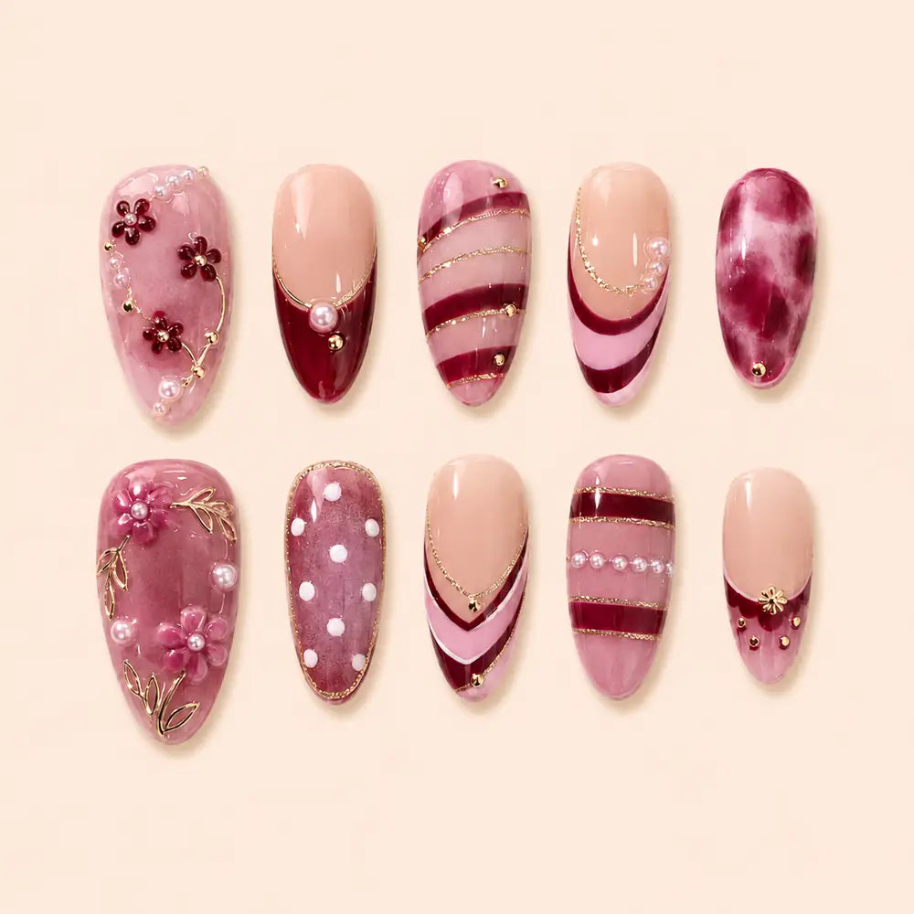 Burgundy Floral Garden French Tip Press On Nails — image 1