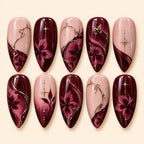Burgundy Floral Gold Vine Press On Nails — image 1