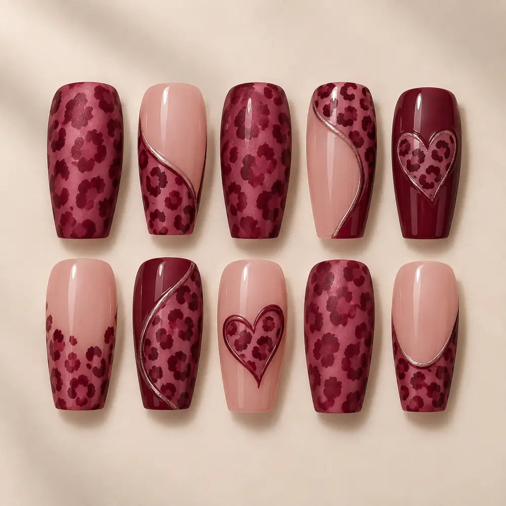Burgundy Floral Heart Press On Nails — image 2