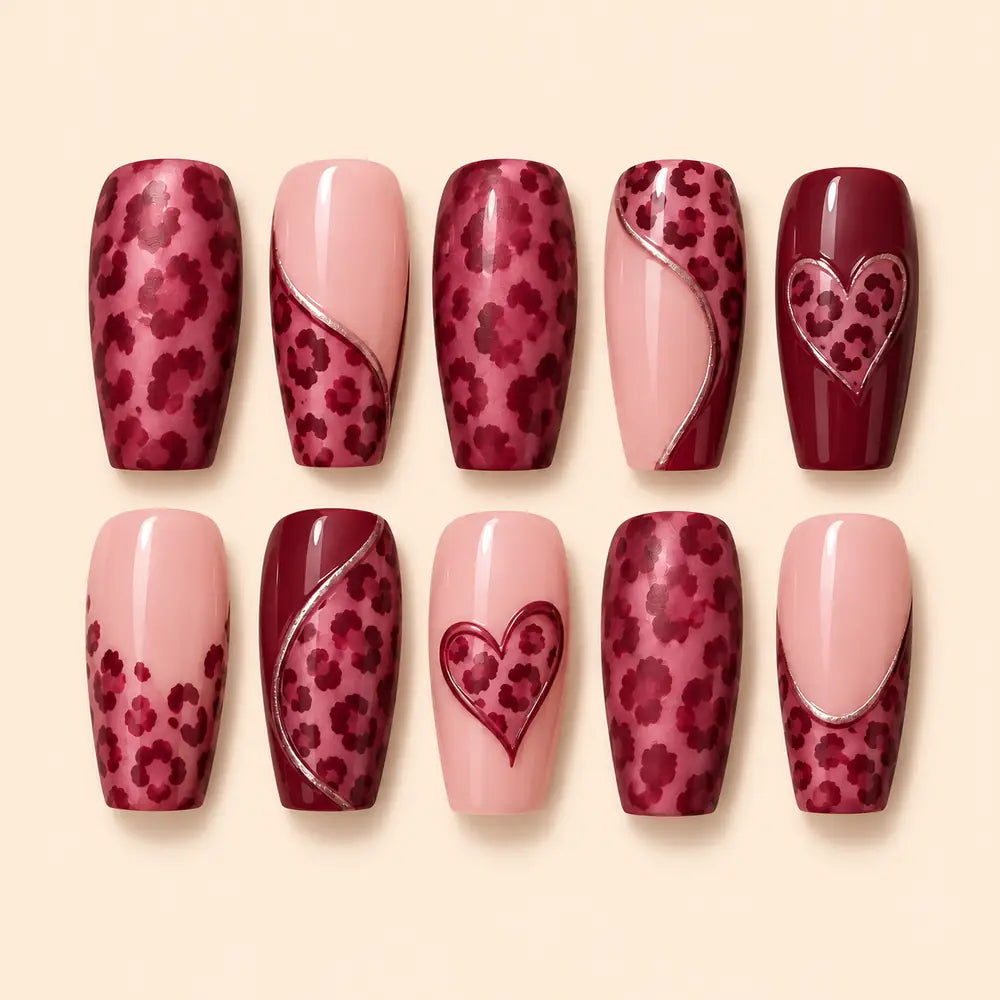 Burgundy Floral Heart Press On Nails — image 1