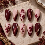 Burgundy Floral Rhinestone Stiletto Press On Nails — image 2