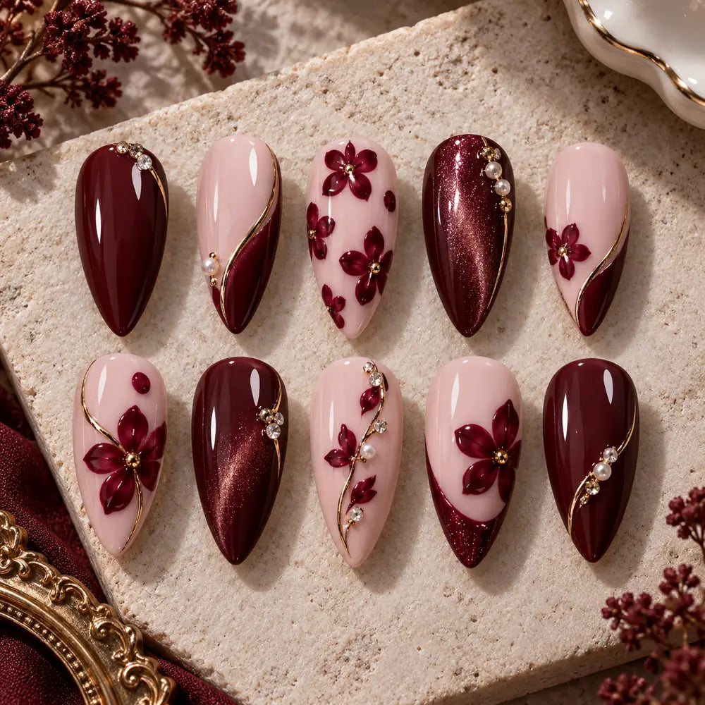 Burgundy Floral Rhinestone Stiletto Press On Nails — image 2
