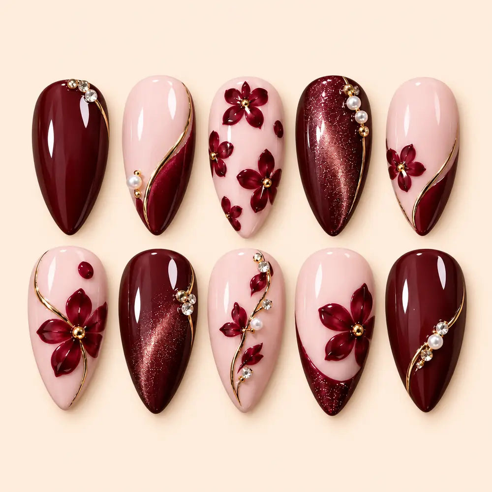 Burgundy Floral Rhinestone Stiletto Press On Nails — image 1