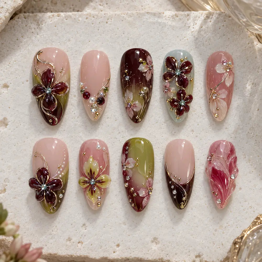Burgundy Garden Floral Rhinestone Press On Nails — image 2