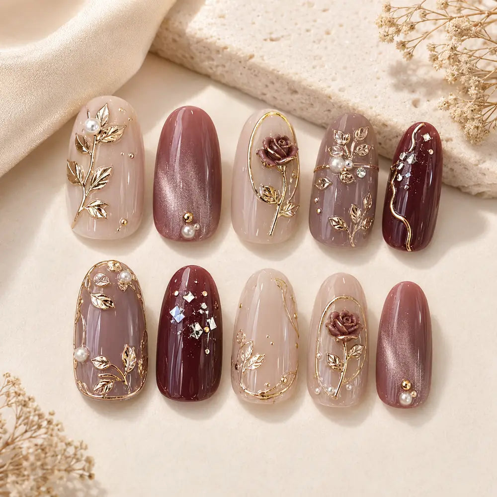 Burgundy Gilded Rose Garden Press On Nails — image 2