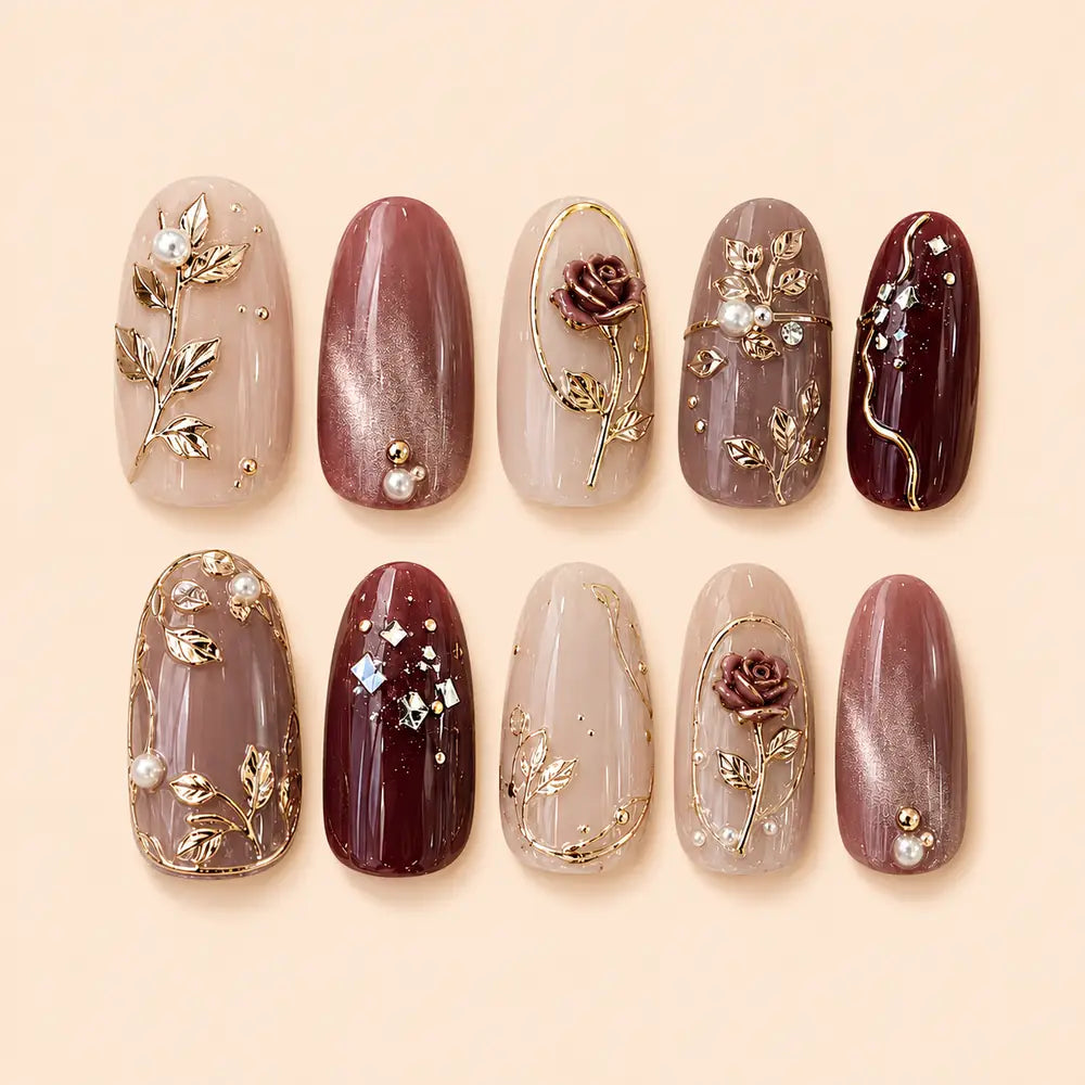 Burgundy Gilded Rose Garden Press On Nails — image 1