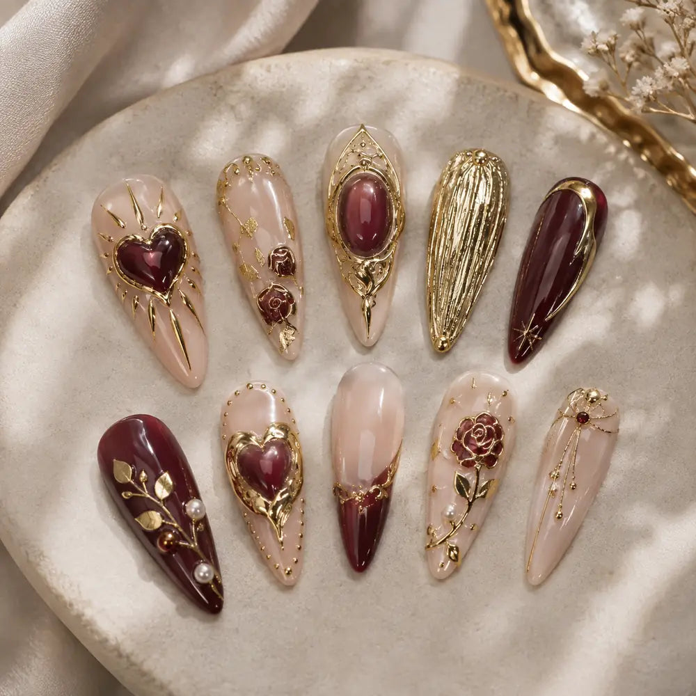 Burgundy Gothic Heart & Rose 3D Press On Nails — image 2