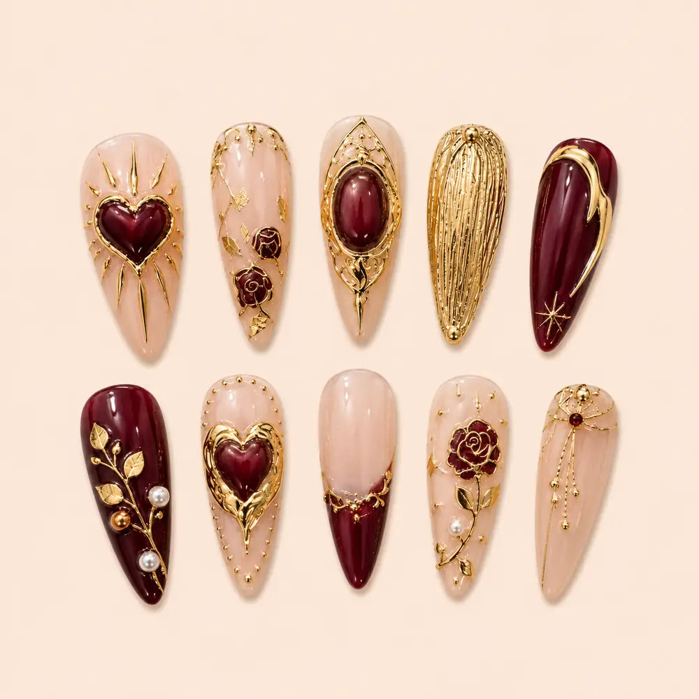 Burgundy Gothic Heart & Rose 3D Press On Nails — image 1