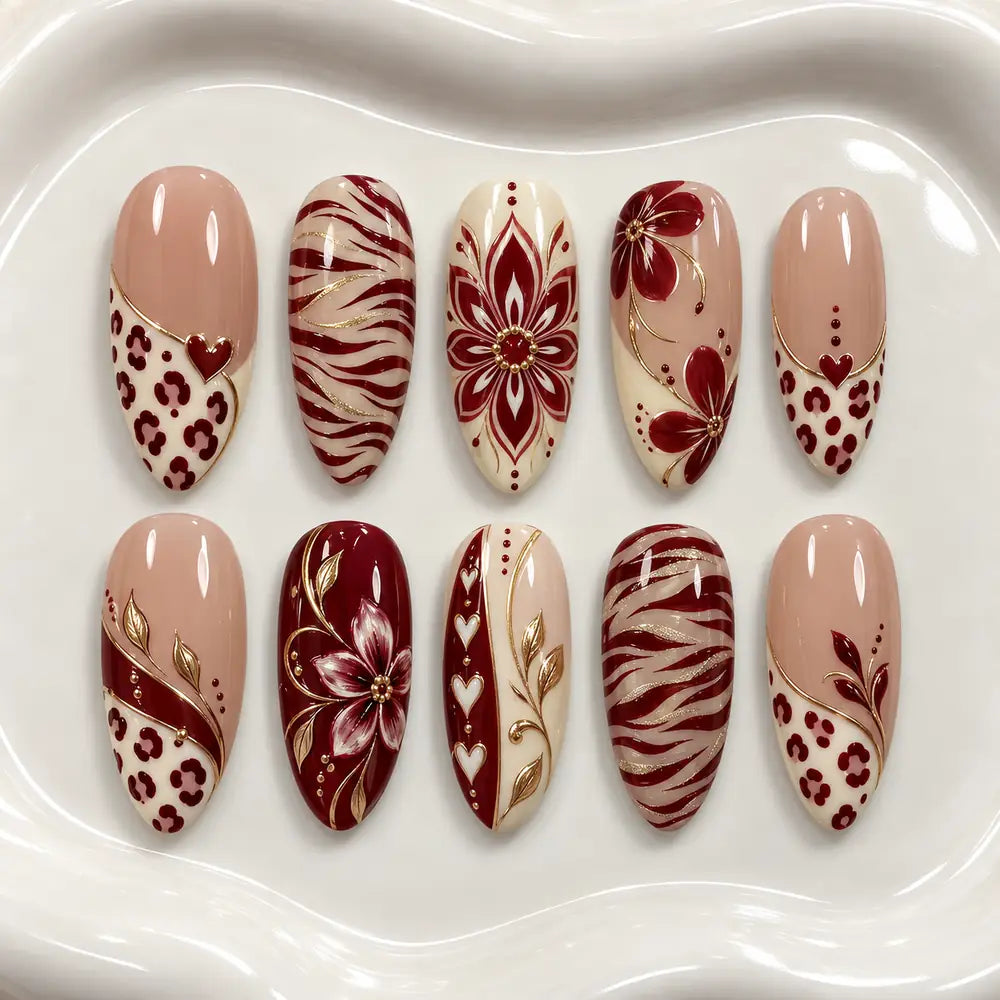 Burgundy Heart and Floral 3D Press On Nails — image 2