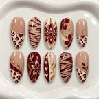 Burgundy Heart and Floral 3D Press On Nails — image 2