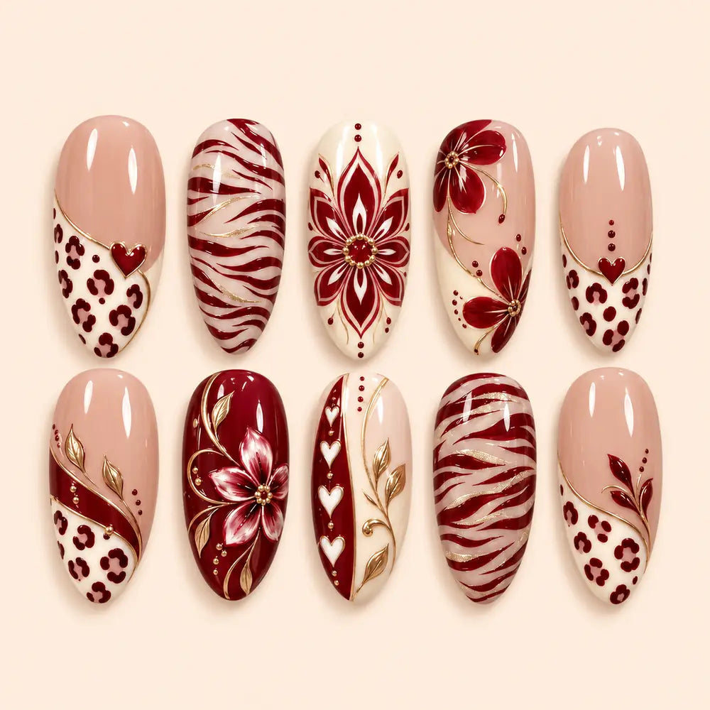 Burgundy Heart and Floral 3D Press On Nails — image 1