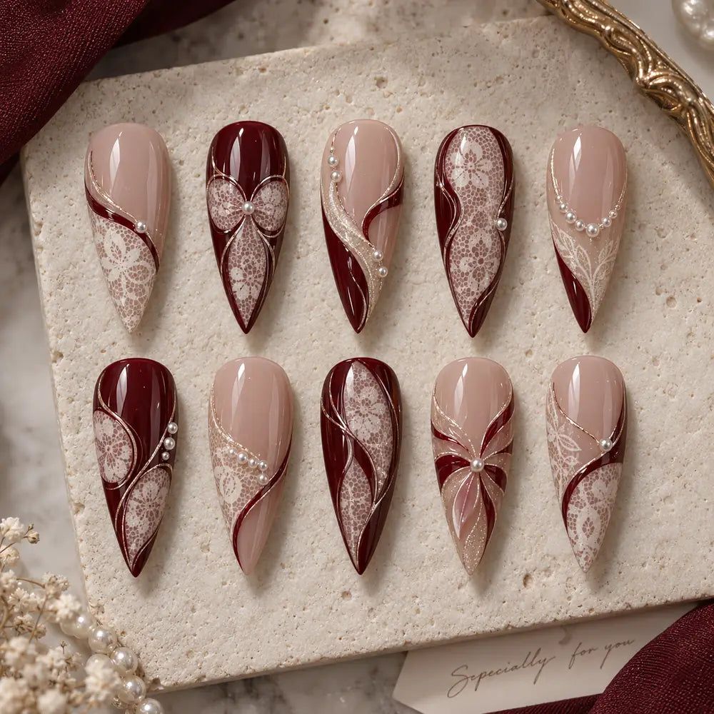 Burgundy Lace Bow Pearl Press On Nails — image 2