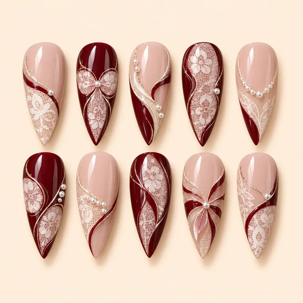 Burgundy Lace Bow Pearl Press On Nails — image 1