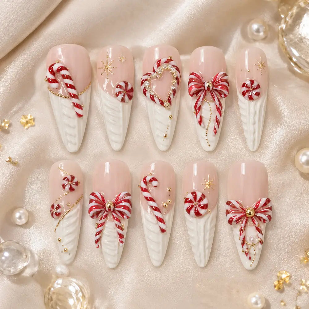 Candy Cane Bow Heart 3D Christmas Press On Nails — image 2