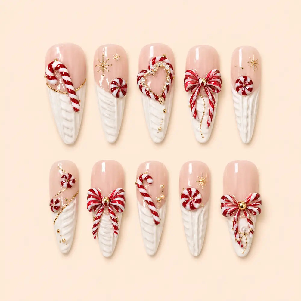 Candy Cane Bow Heart 3D Christmas Press On Nails — image 1