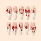 Candy Cane Bow Heart 3D Christmas Press On Nails — image 1