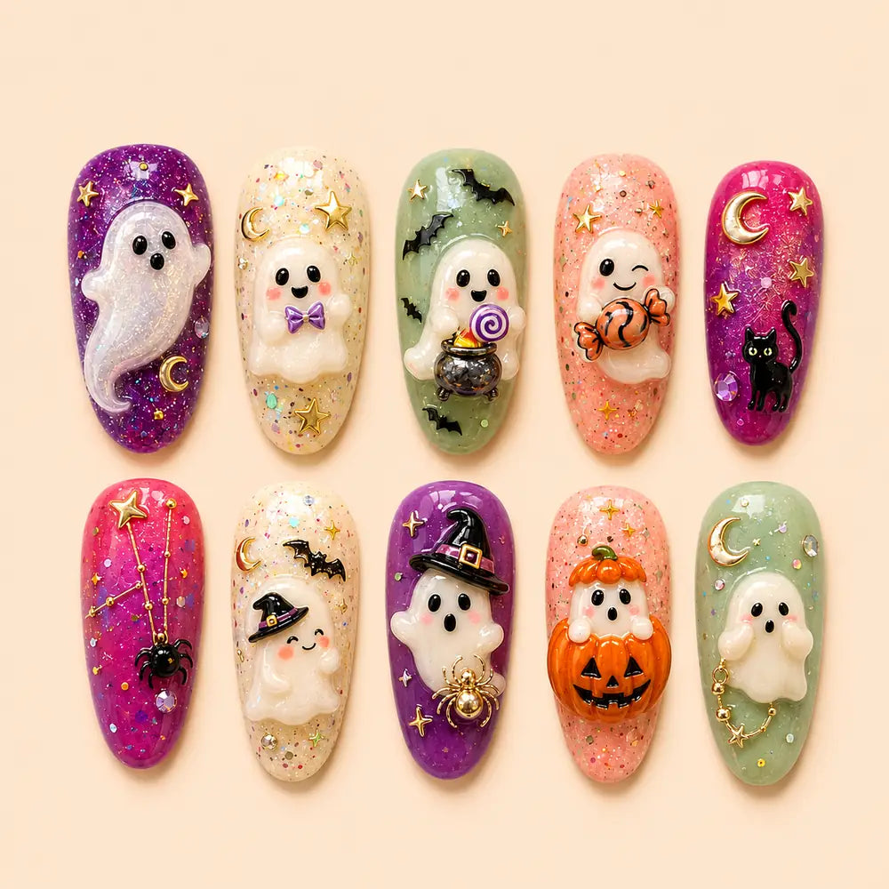 Candy Cauldron Ghost Halloween Press On Nails — image 1