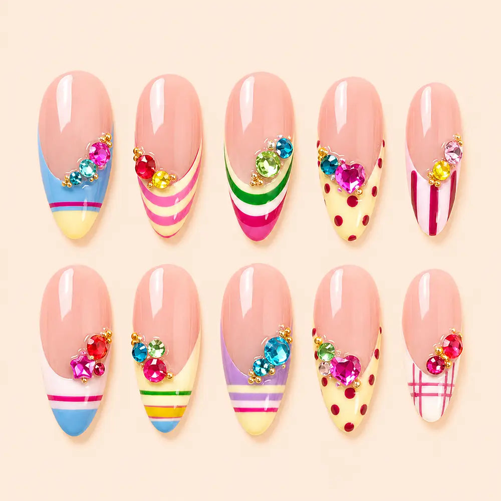 Candycore Birthday Heart Rhinestone French Tip Press On Nails