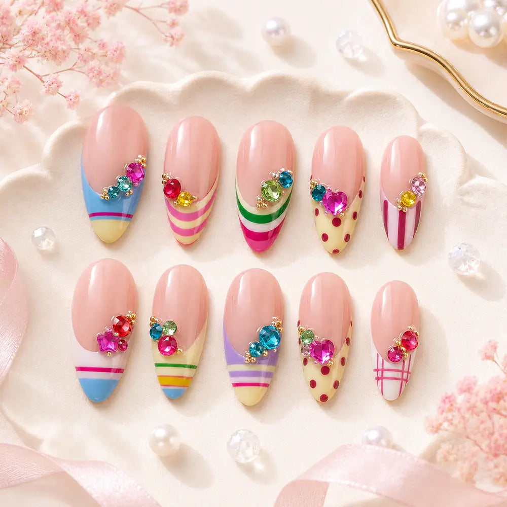 Candycore Birthday Heart Rhinestone French Tip Press On Nails