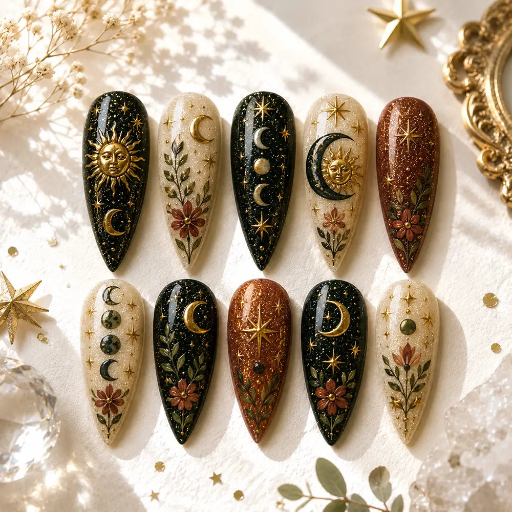 Celestial Botanical Moon Phase Glitter Press On Nails