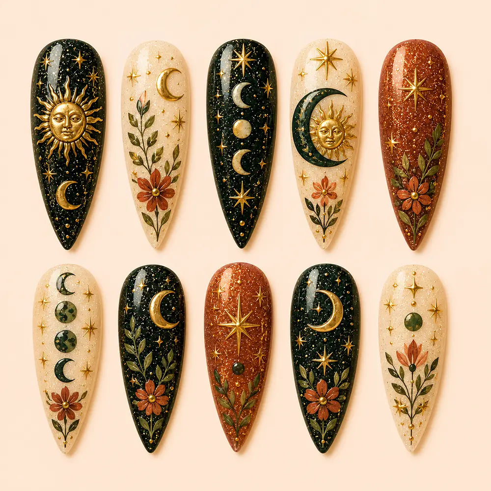 Celestial Botanical Moon Phase Glitter Press On Nails