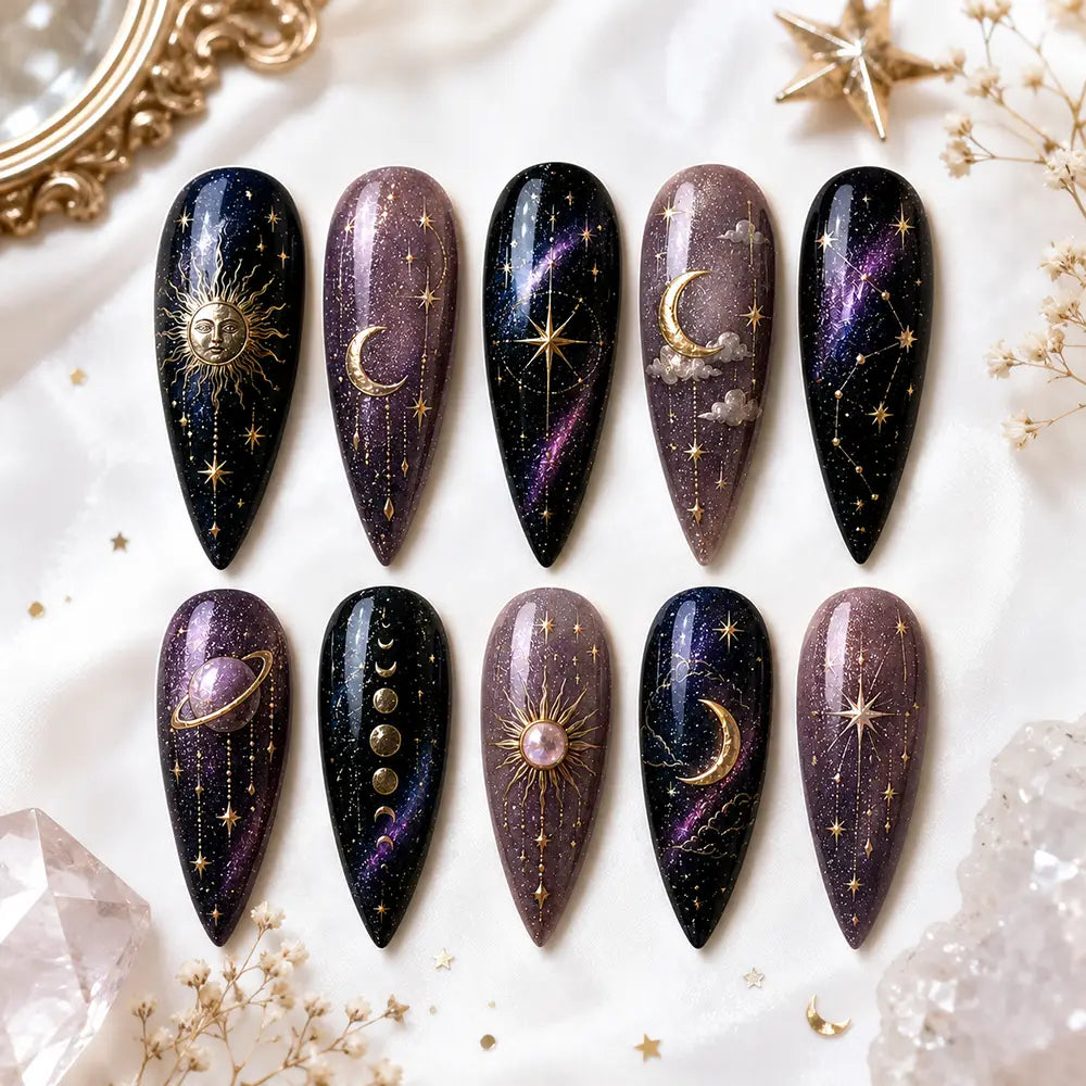 Celestial Galaxy Moon & Stars Cat Eyes Press On Nails