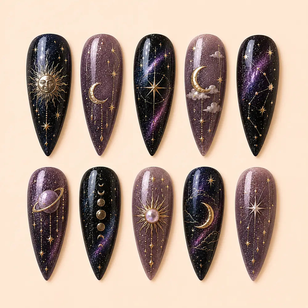 Celestial Galaxy Moon & Stars Cat Eyes Press On Nails