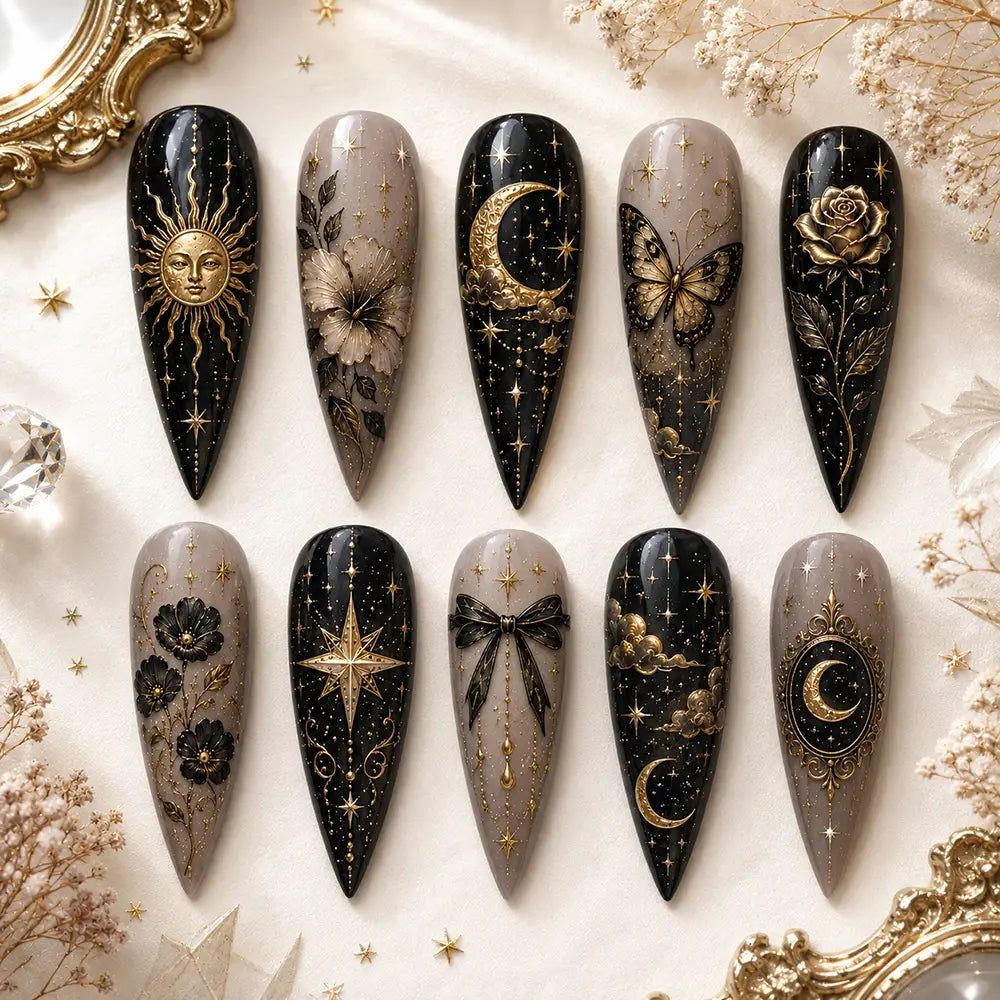 Celestial Gothic Moon & Floral Gold Foil Press On Nails