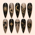 Celestial Gothic Moon & Floral Gold Foil Press On Nails