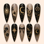 Celestial Gothic Moon & Floral Gold Foil Press On Nails