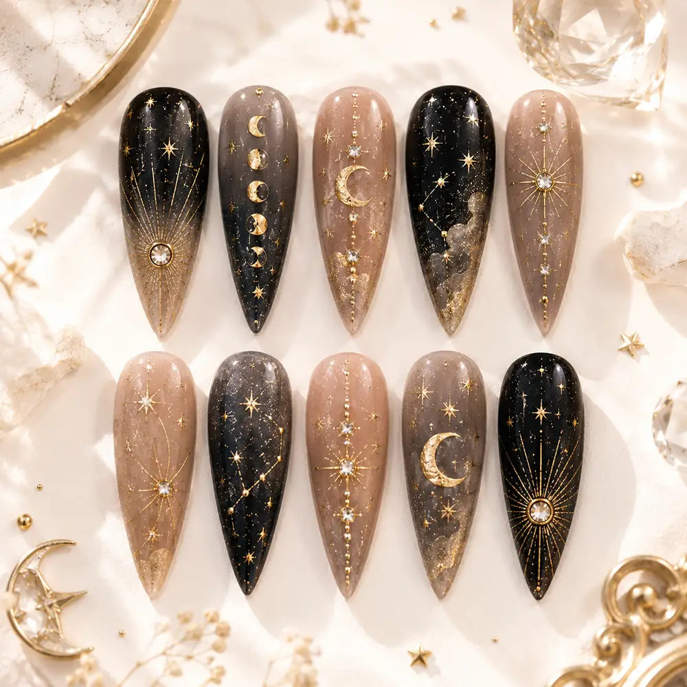 Celestial Moon Phase Stars Rhinestone Press On Nails