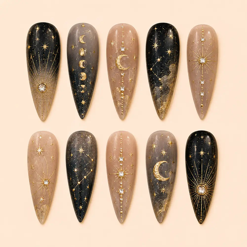 Celestial Moon Phase Stars Rhinestone Press On Nails