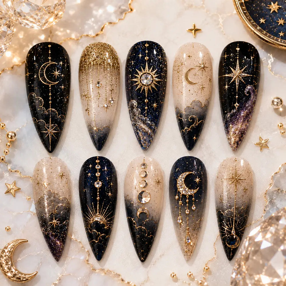 Celestial Moon & Star Crystal Rhinestone Press On Nails