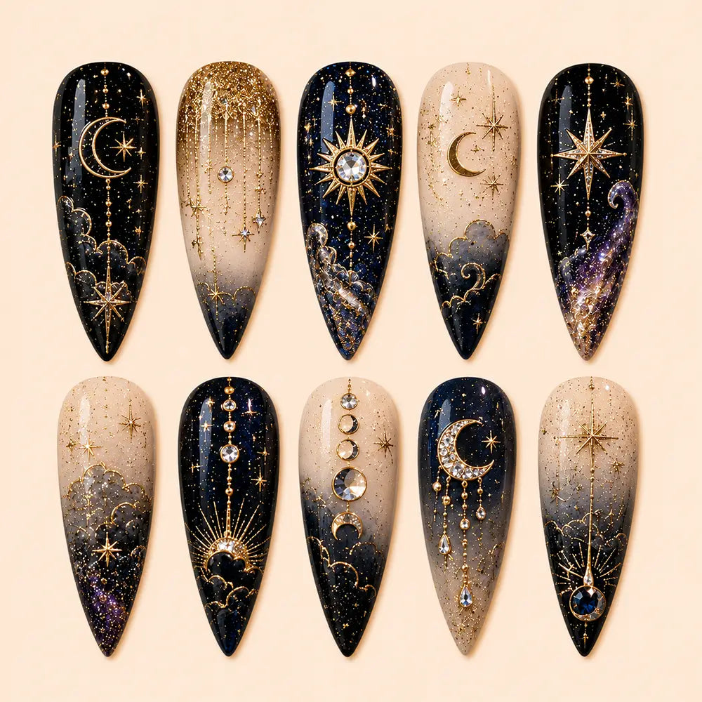 Celestial Moon & Star Crystal Rhinestone Press On Nails