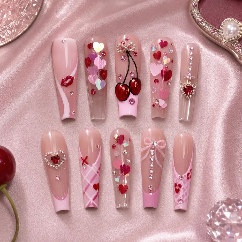 Cherry Heart Bow 3D Rhinestone Press On Nails — image 2