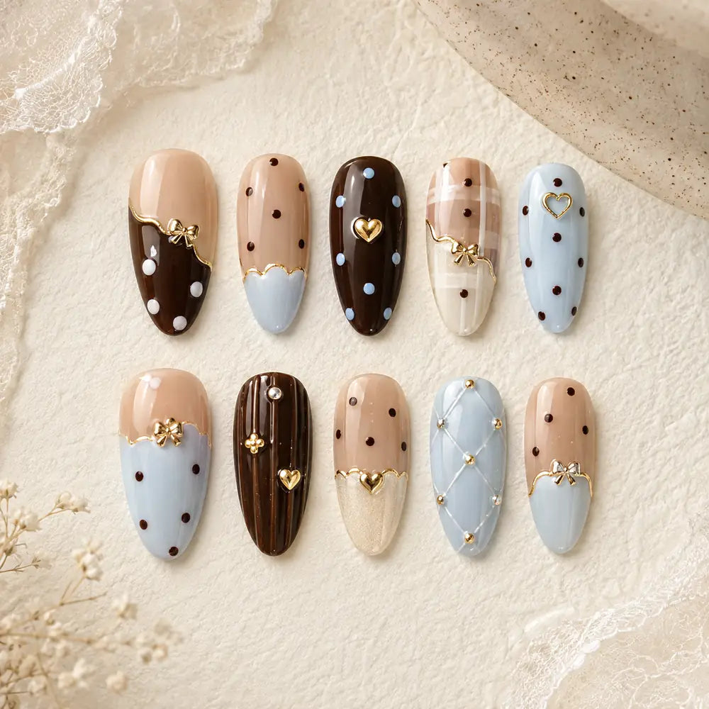 Chocolate Blue Bow Heart Coquette Press On Nails — image 2